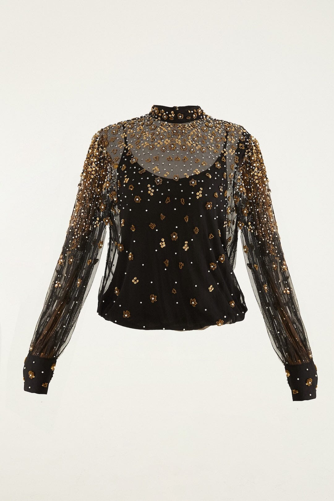 FARM Rio model wearing the Black Embroidered Tulle Lined Blouse