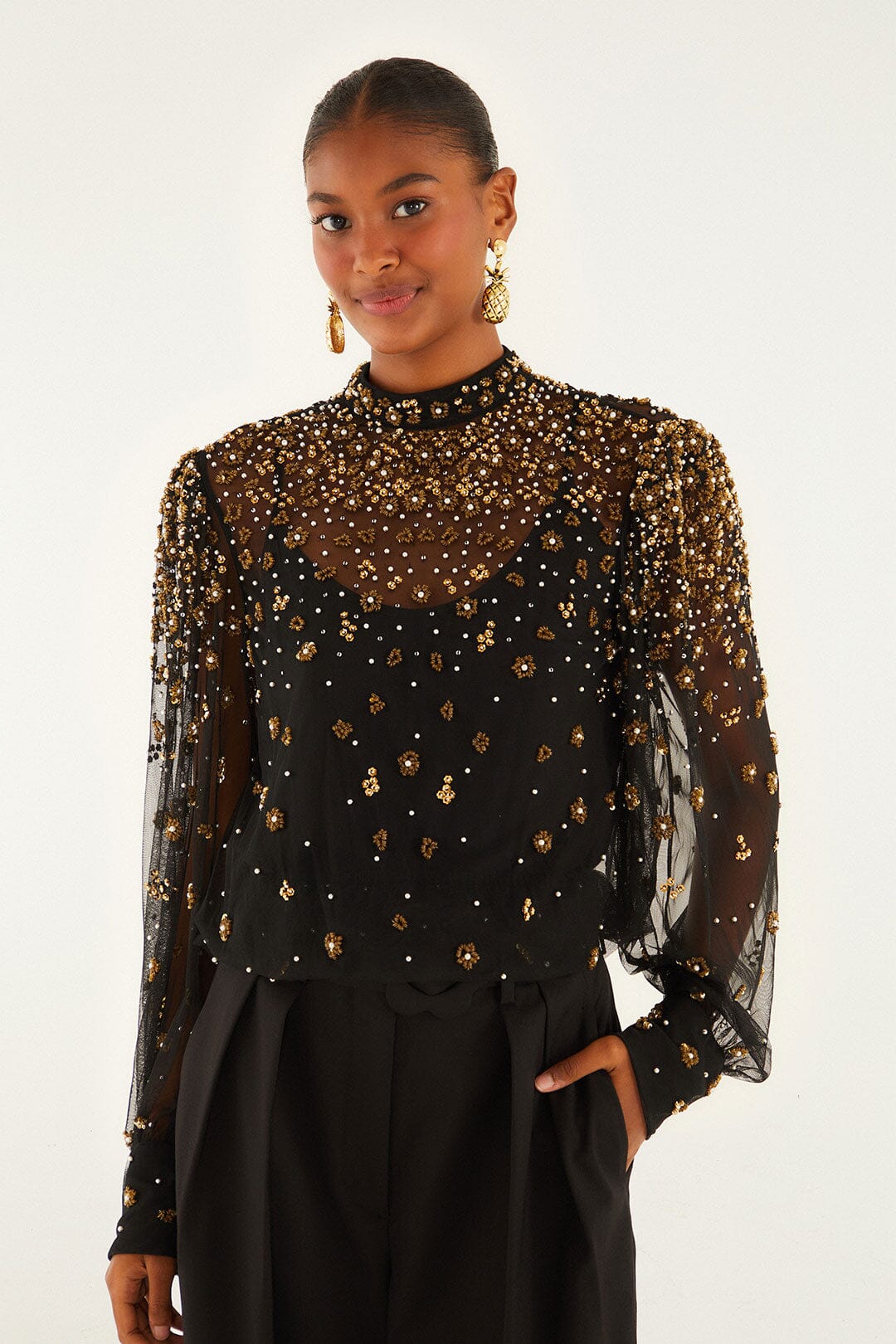 FARM Rio model wearing the Black Embroidered Tulle Lined Blouse