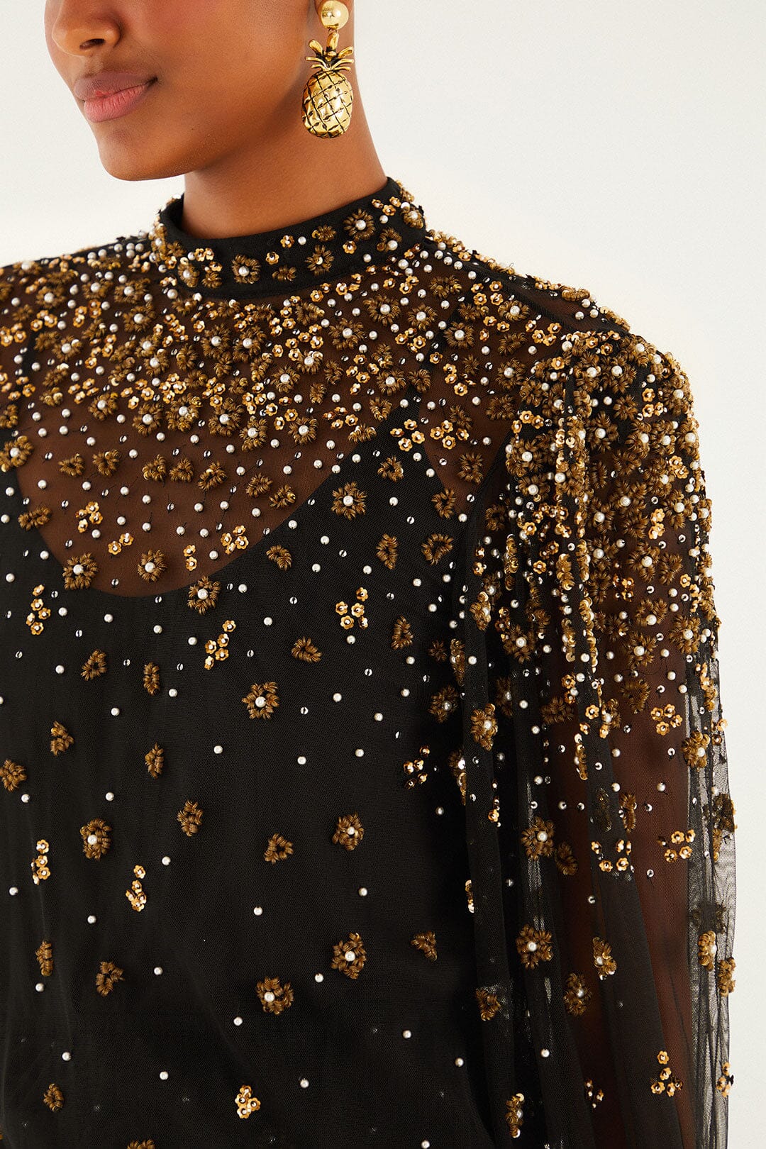 FARM Rio model wearing the Black Embroidered Tulle Lined Blouse