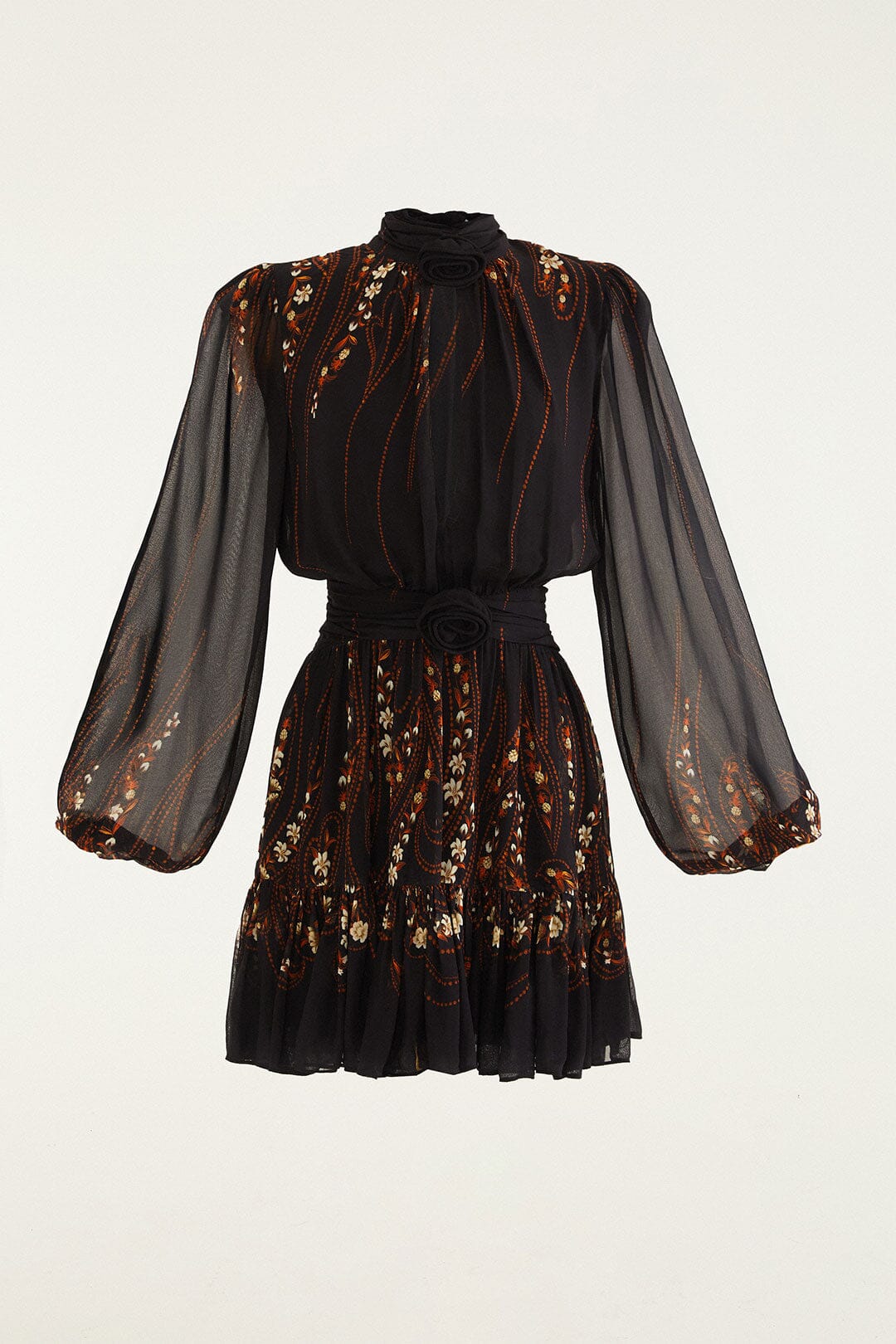 FARM Rio model wearing the Black Garden 3d Rose Long Sleeve Ruffled Mini Dress