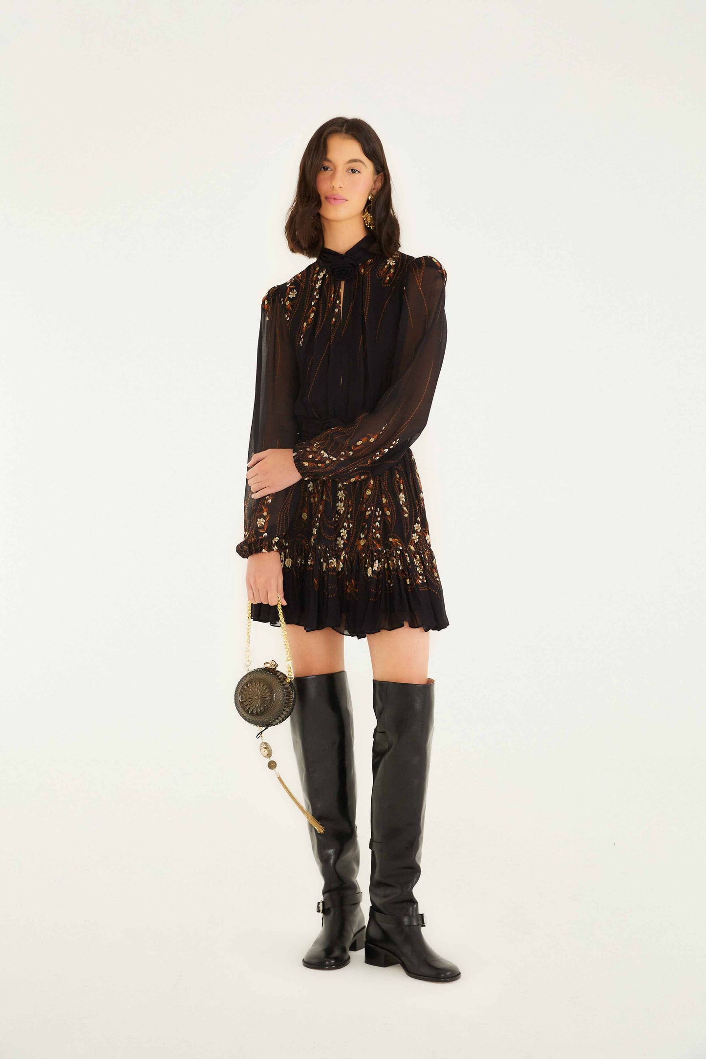 FARM Rio model wearing the Black Garden 3d Rose Long Sleeve Ruffled Mini Dress