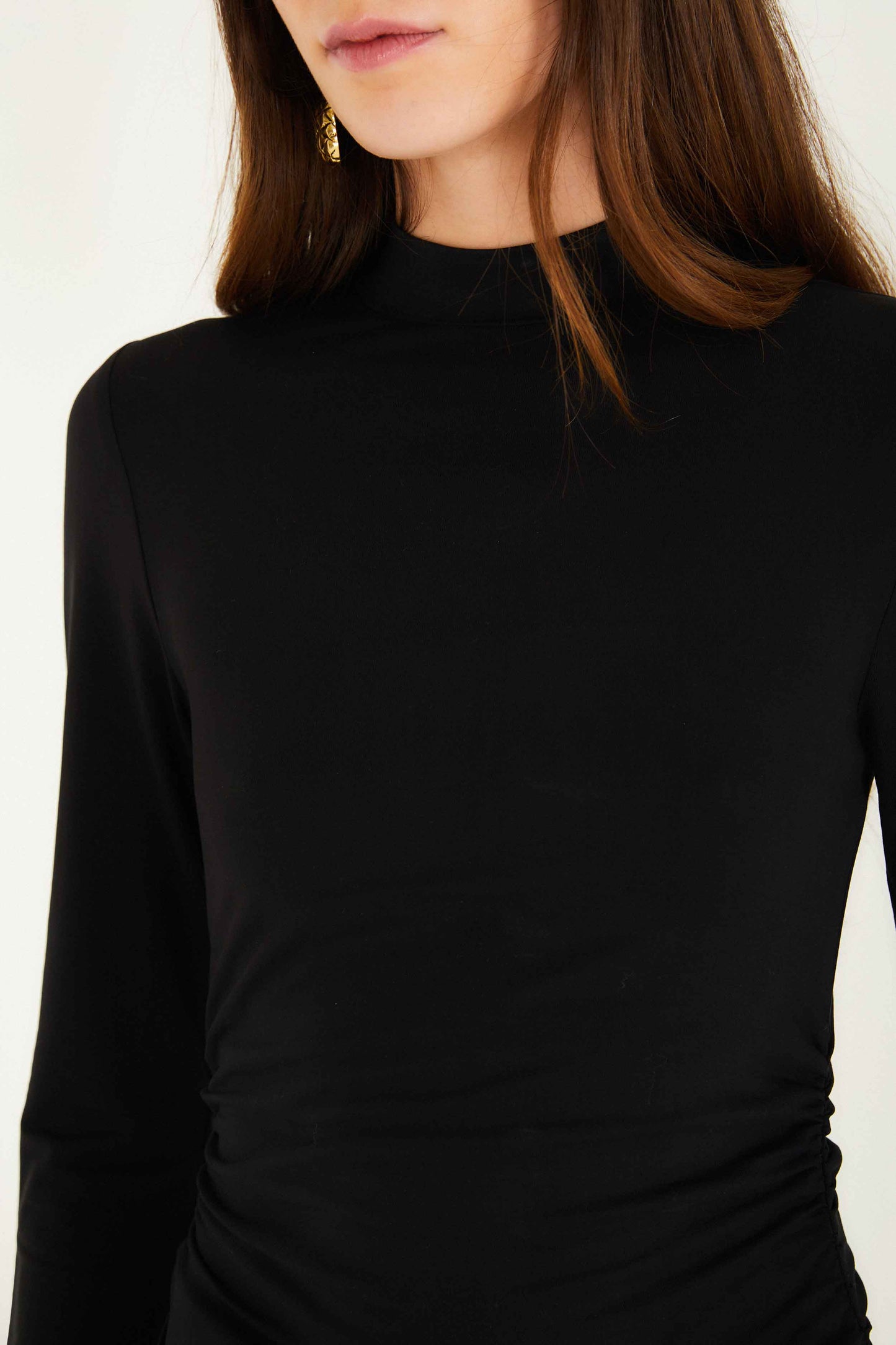 FARM Rio model wearing the Black Jersey Long Sleeve Blouse