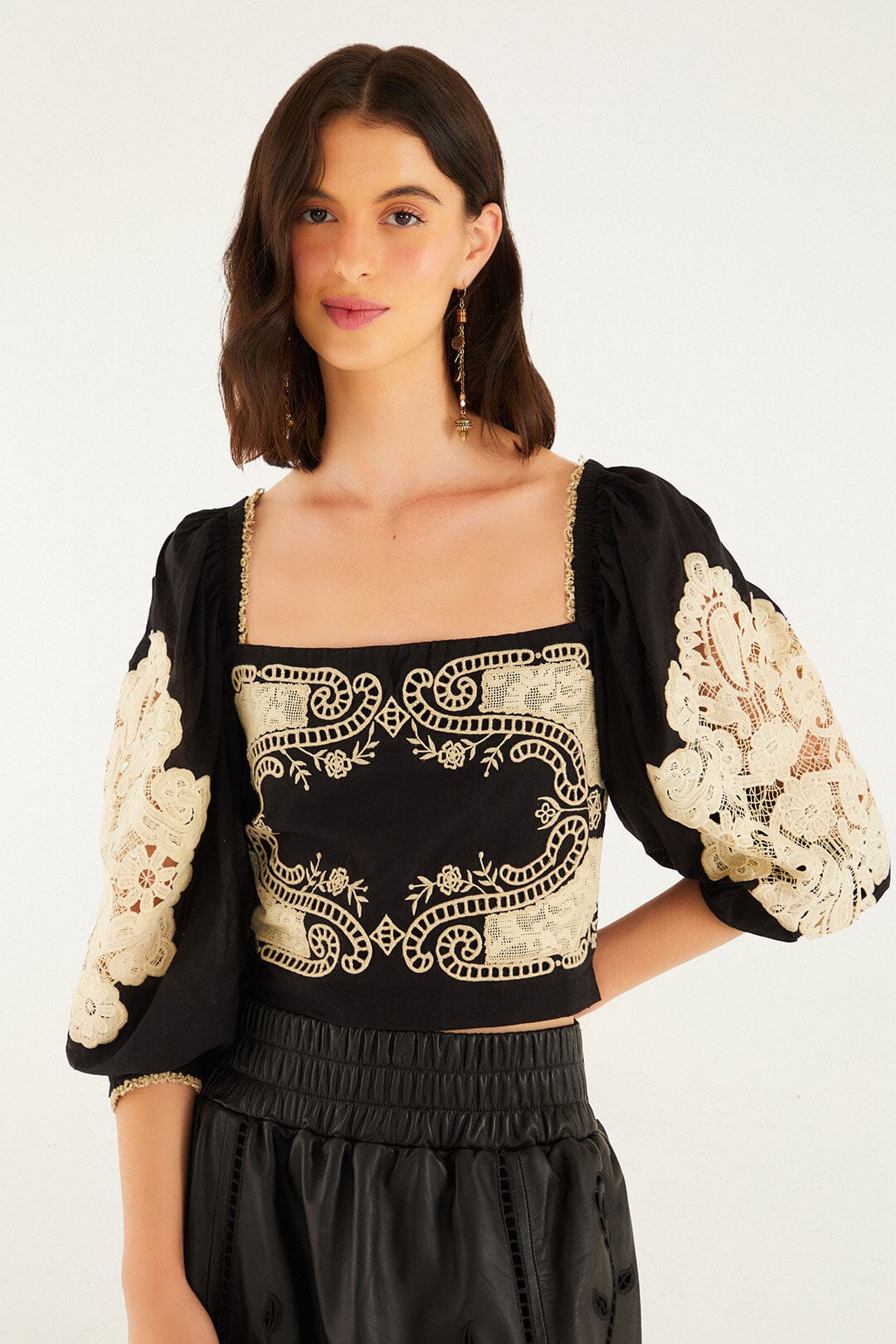 FARM Rio model wearing the Black Lace Blouse