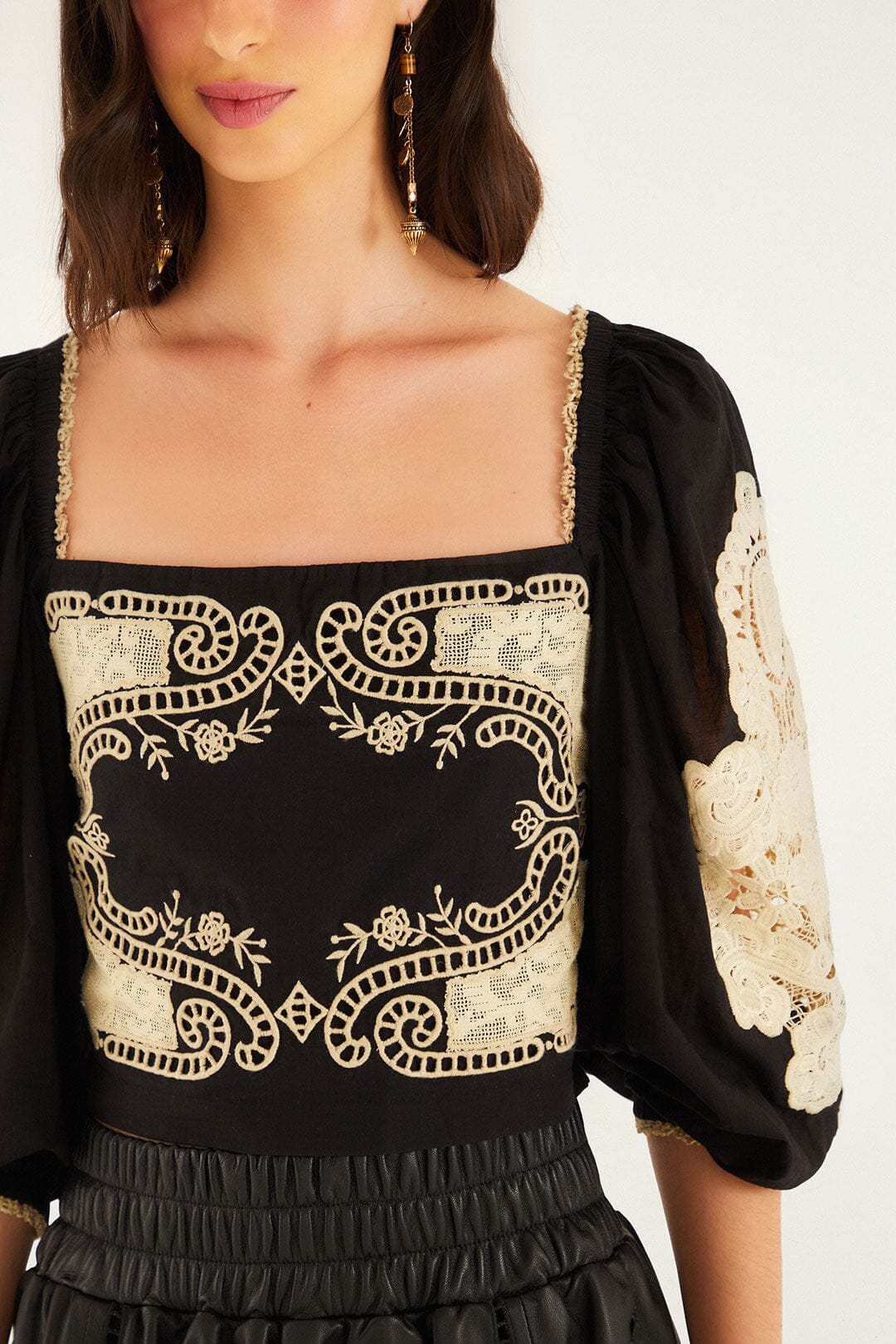 FARM Rio model wearing the Black Lace Blouse