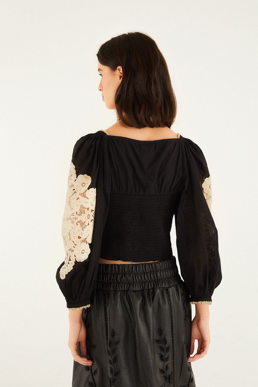 FARM Rio model wearing the Black Lace Blouse