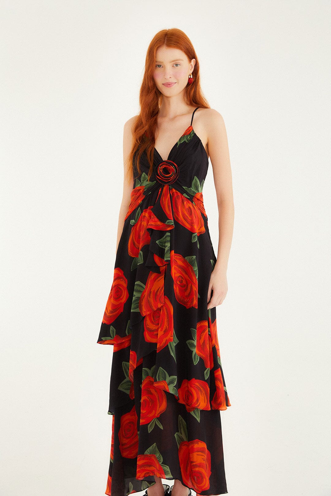 FARM Rio model wearing the Black Latin Roses 3d Flower Layered Maxi Dress