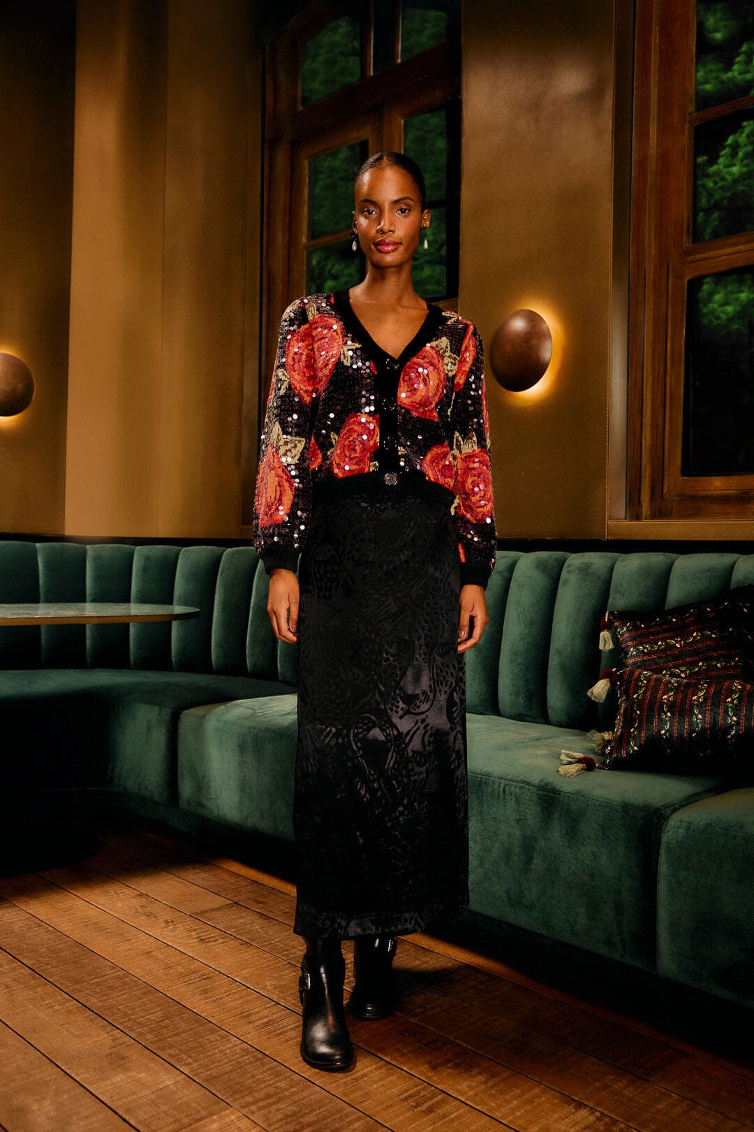 FARM Rio model wearing the Black Latin Roses Buttoned Sequined Knit Cardigan