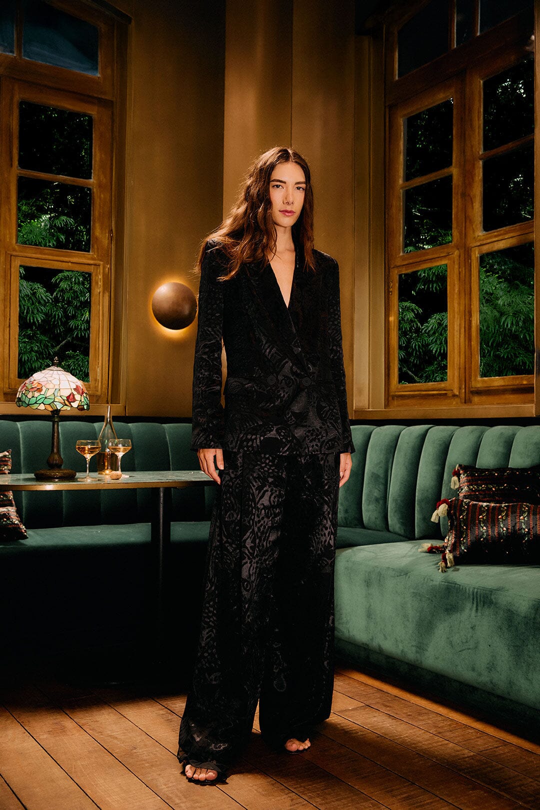 FARM Rio model wearing the Black Leopard Wide-Leg Jacquard Pants