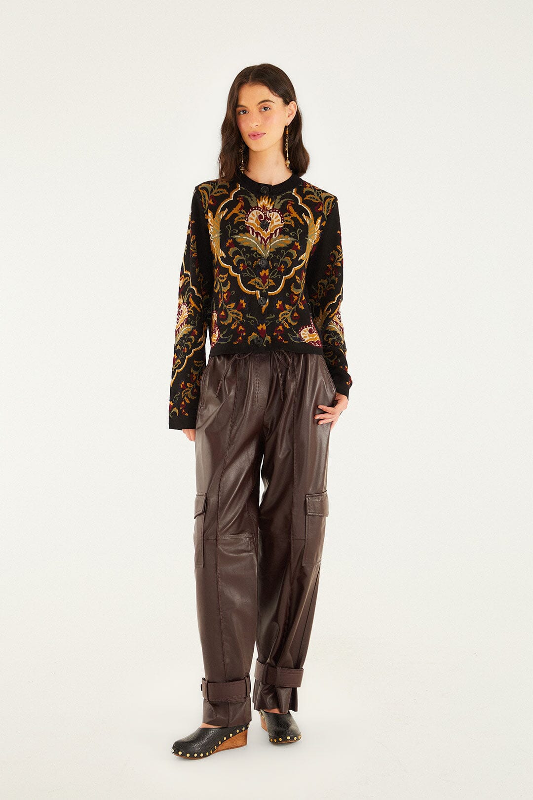 FARM Rio model wearing the Black Majestic Hearts Knit Cardigan