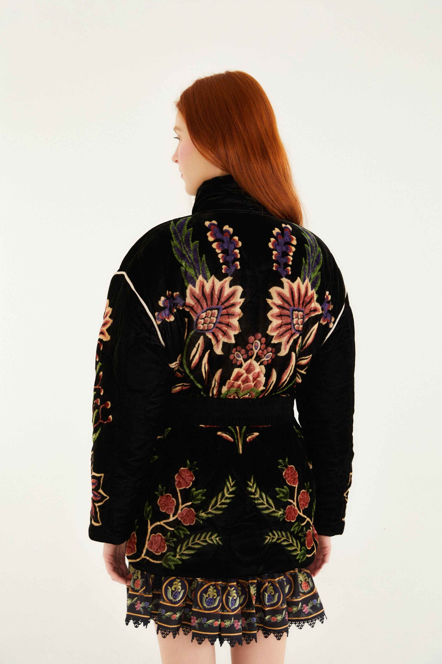 FARM Rio model wearing the Black Marvelous Garden Puffer Jacket