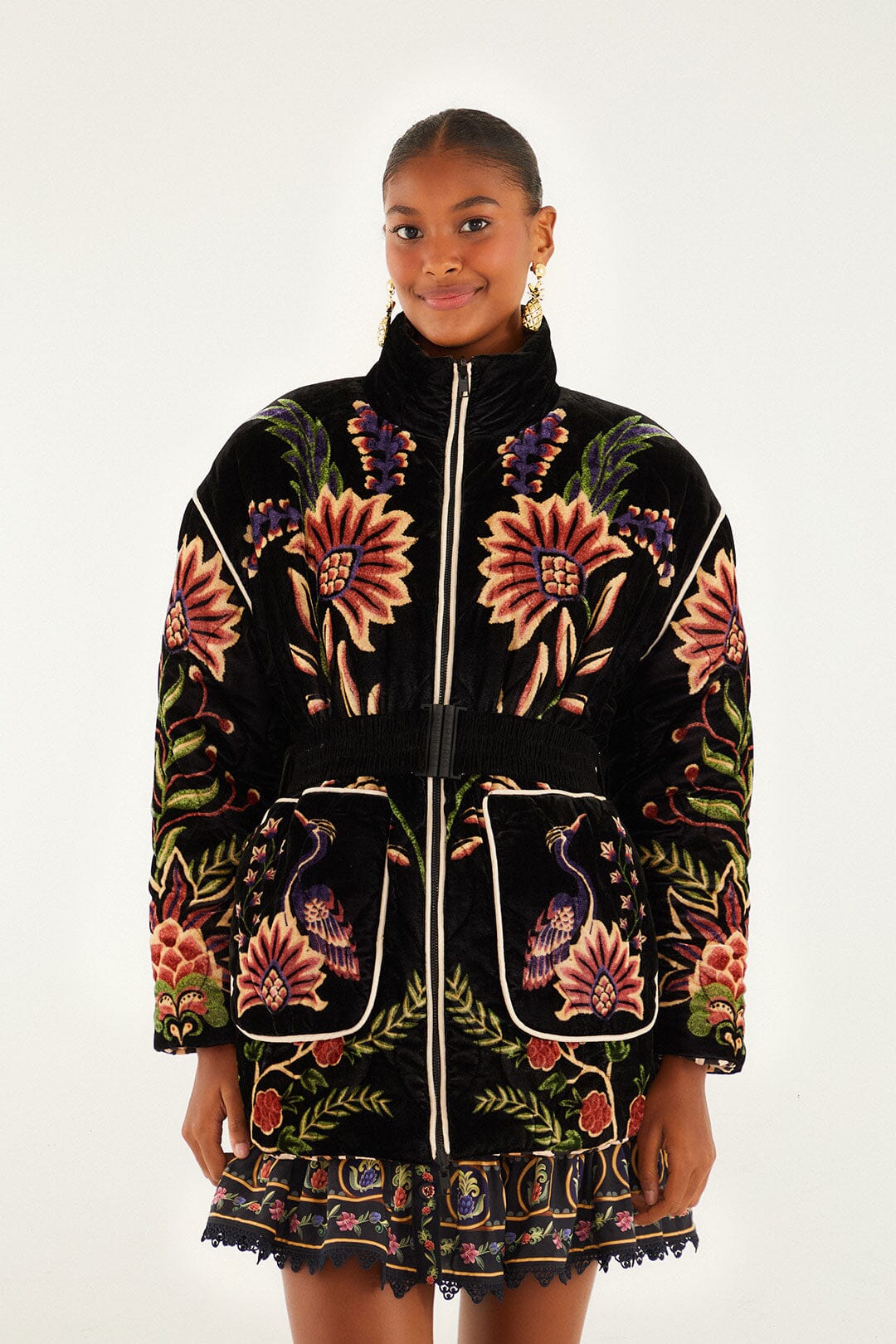FARM Rio model wearing the Black Marvelous Garden Puffer Jacket