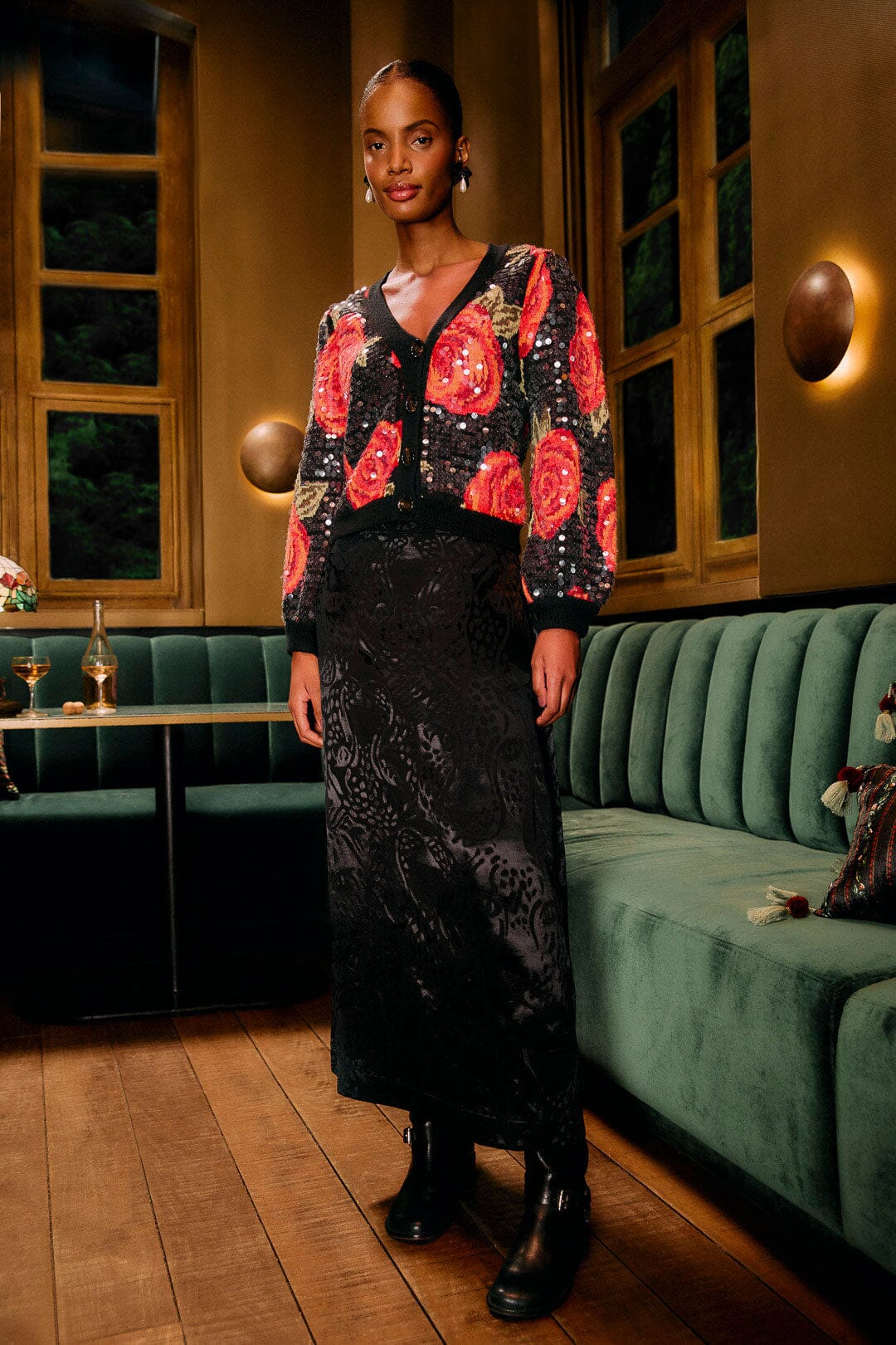 FARM Rio model wearing the Black Midnight Leopards Jacquard Maxi Skirt