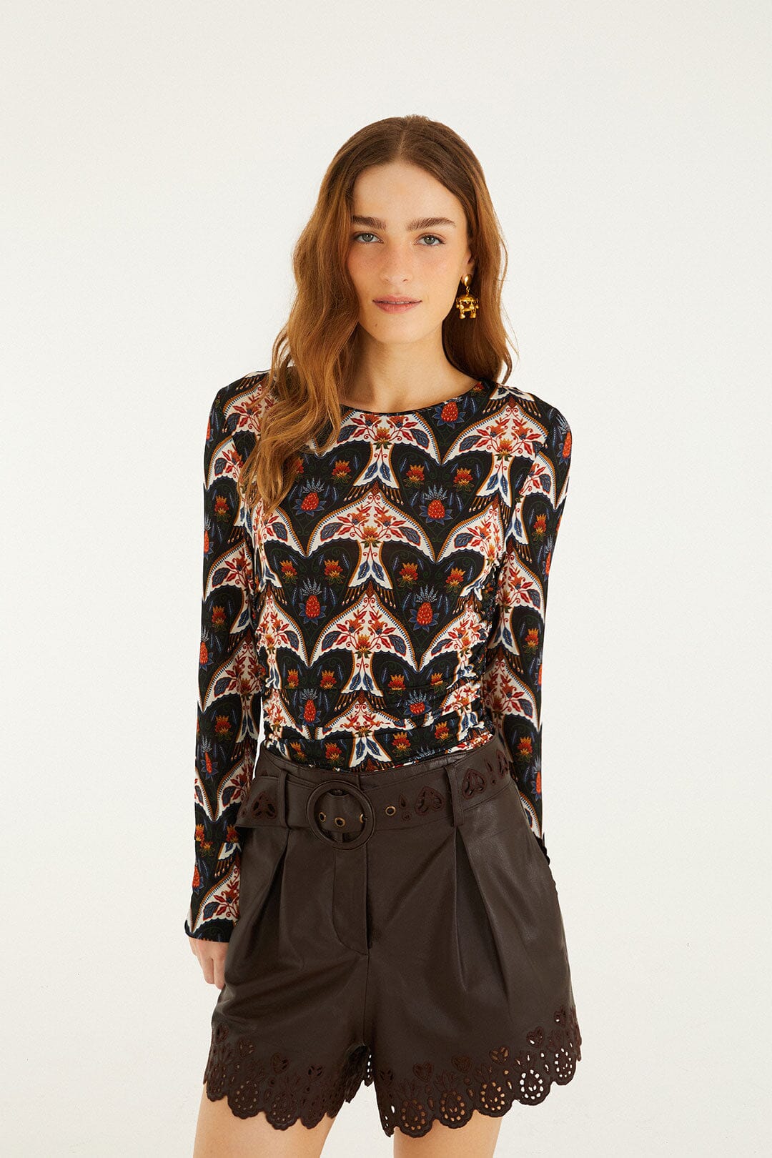 FARM Rio model wearing the Black Porcelain Birds Long Sleeve Jersey Blouse