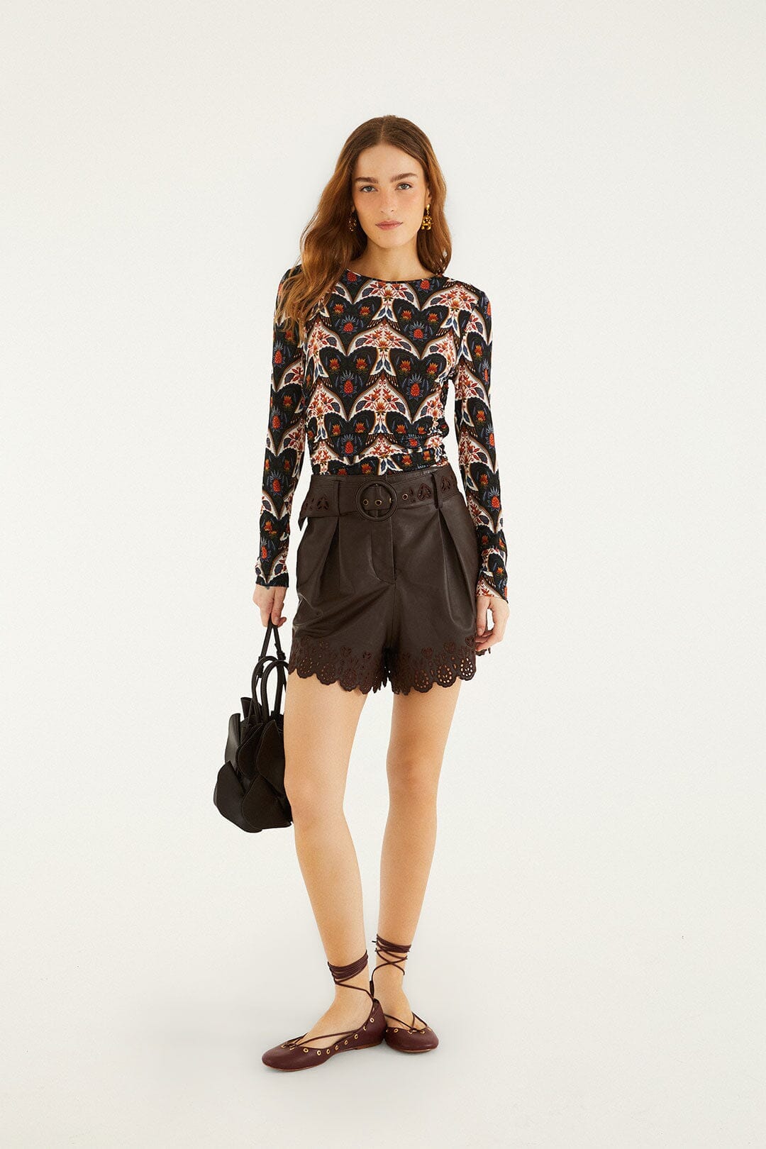 Black Porcelain Birds Long Sleeve Jersey Blouse