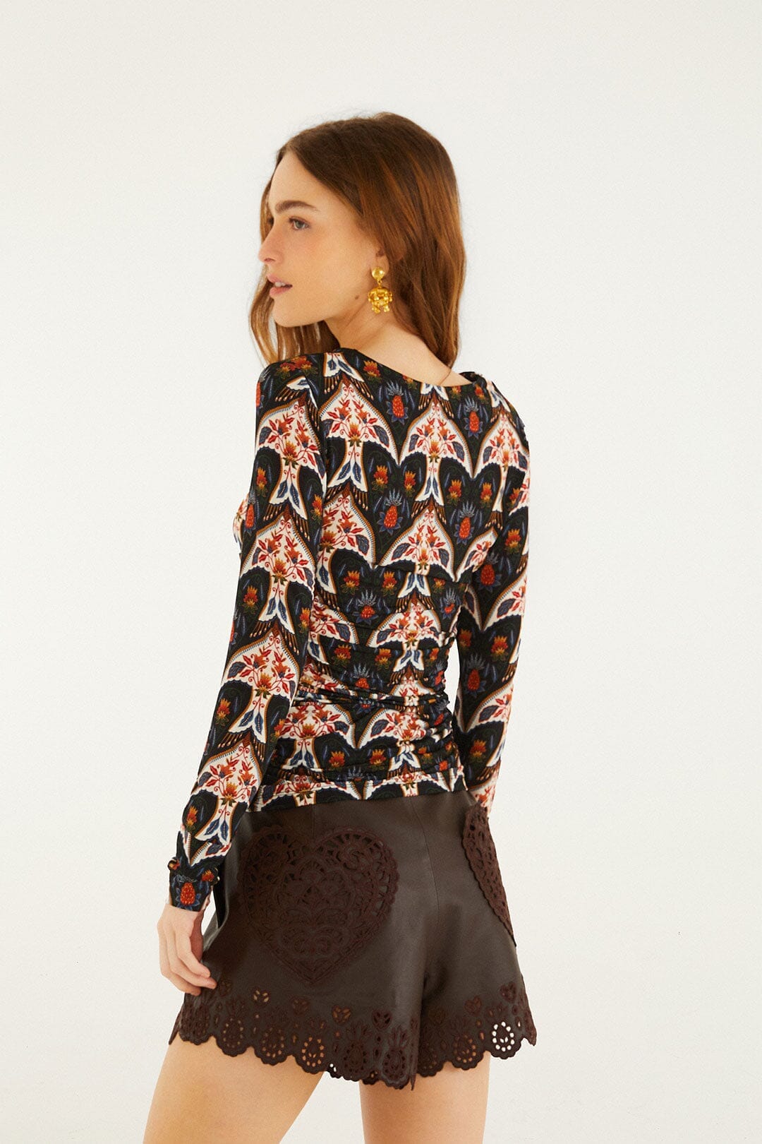 Black Porcelain Birds Long Sleeve Jersey Blouse