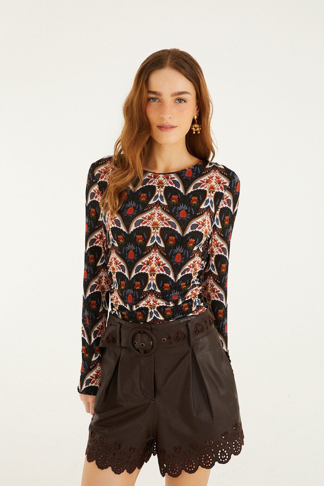 Black Porcelain Birds Long Sleeve Jersey Blouse