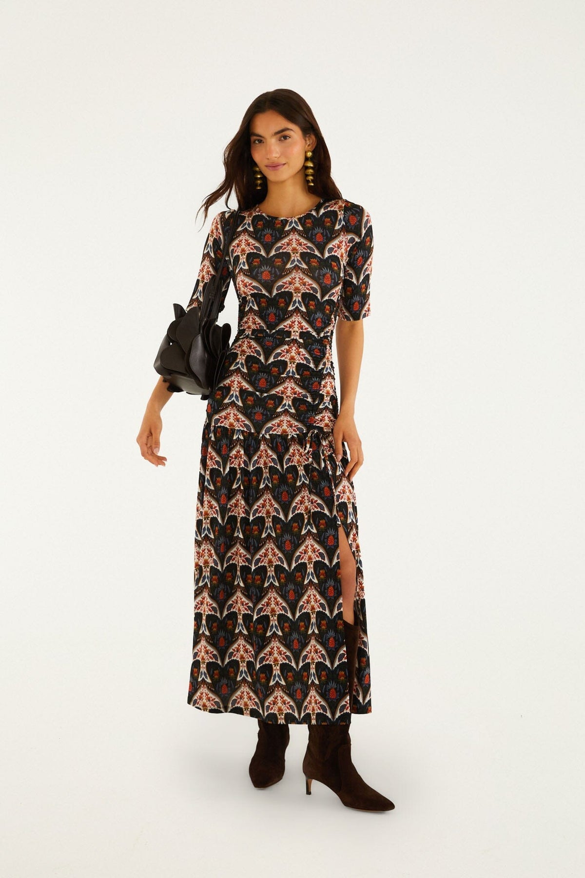 Black Porcelain Birds Long Sleeve Slim Maxi Dress