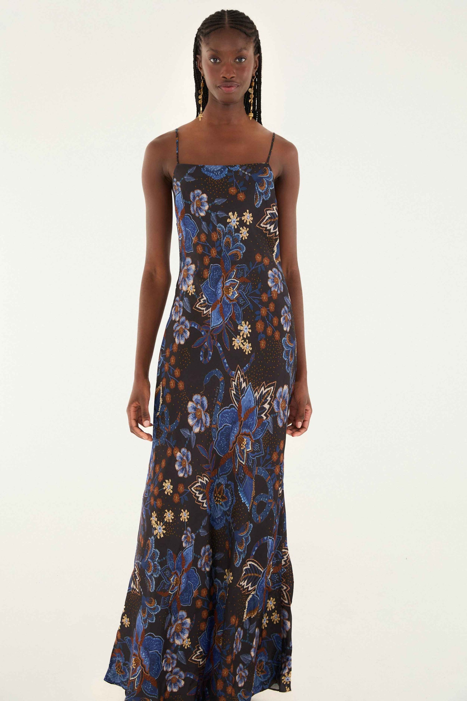 FARM Rio model wearing the Black Snakes Bouquet Lenzing� Ecovero� Slip Maxi Dress