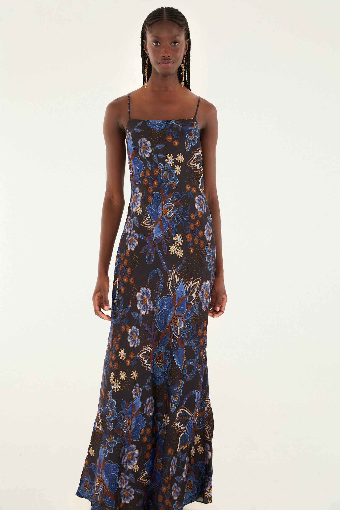 FARM Rio model wearing the Black Snakes Bouquet Lenzing� Ecovero� Slip Maxi Dress