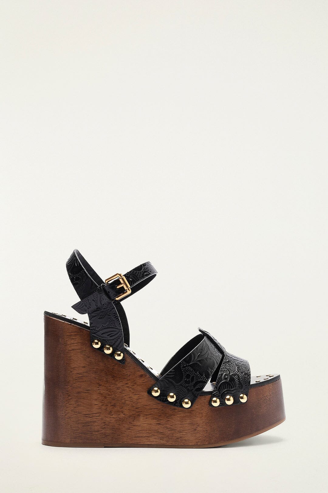 FARM Rio model wearing the Black Studded Embossed Wedge Sandal