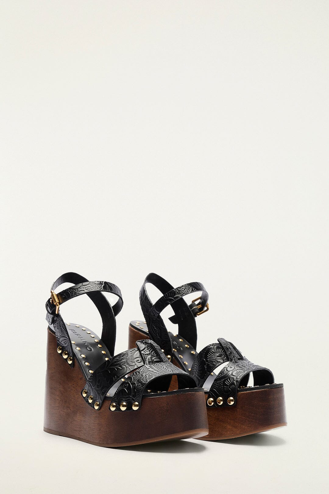 FARM Rio model wearing the Black Studded Embossed Wedge Sandal