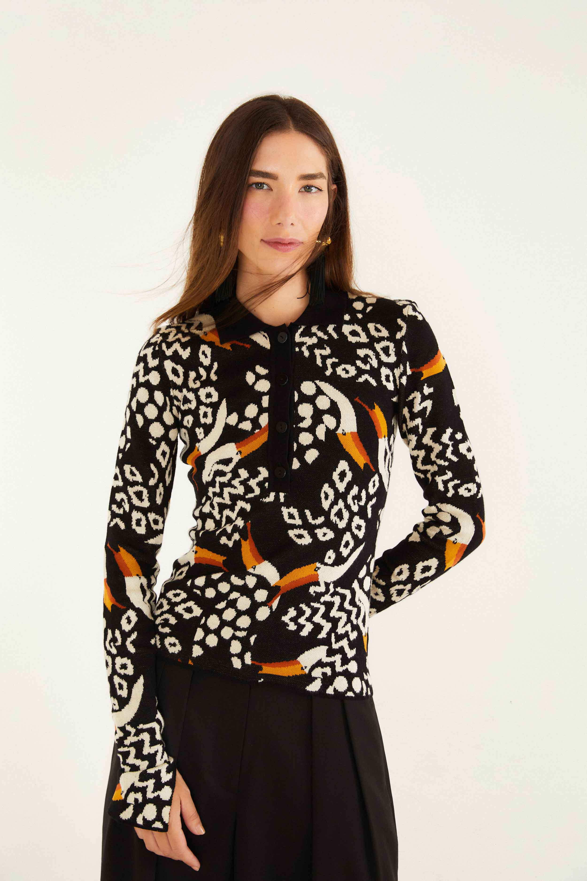 Black Tucanissimo Long Sleeve Polo Knit Top | FARM Rio