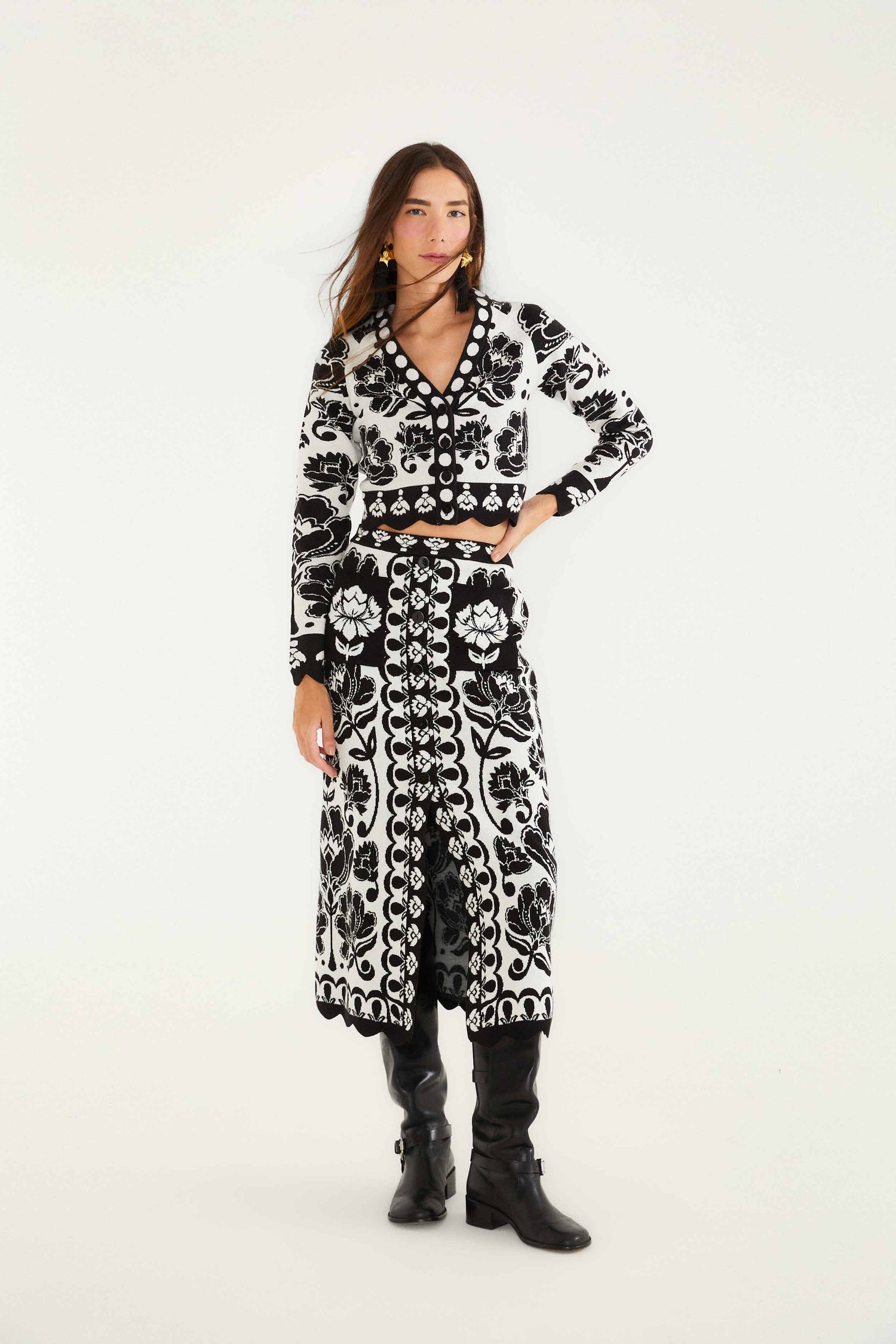FARM Rio model wearing the Black & White Floral Arabesque Knit Top