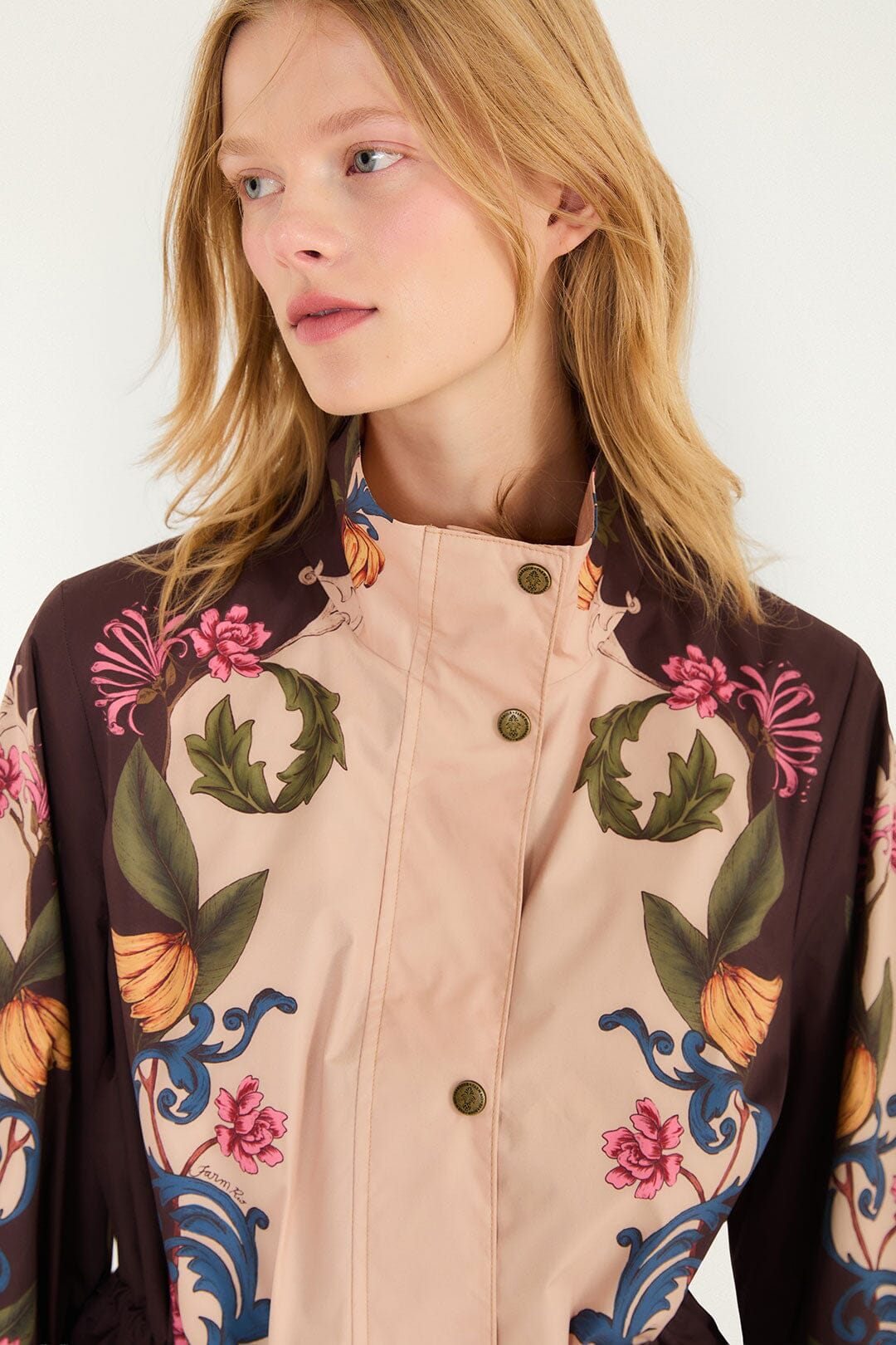 FARM Rio model wearing the Bloom In Between Drawstring Raincoat