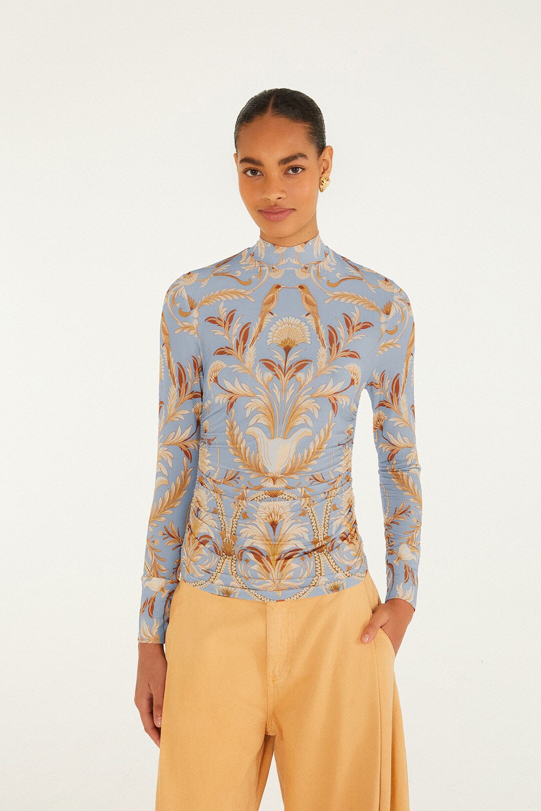 FARM Rio model wearing the Blooming Garden Jersey Blouse