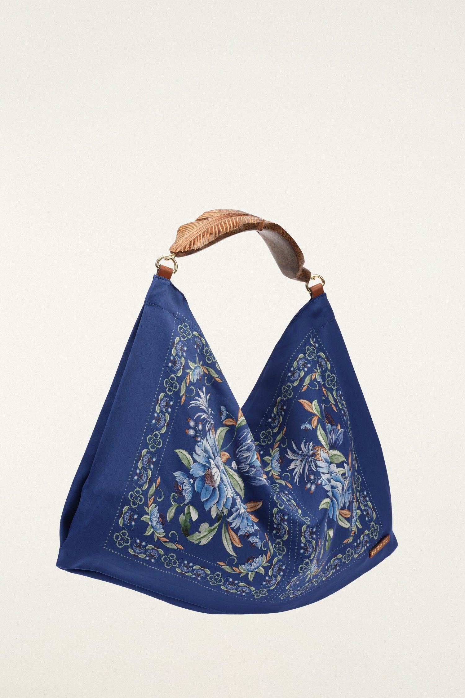 FARM Rio model wearing the Blue Flowers Satin Small Scarf Bag