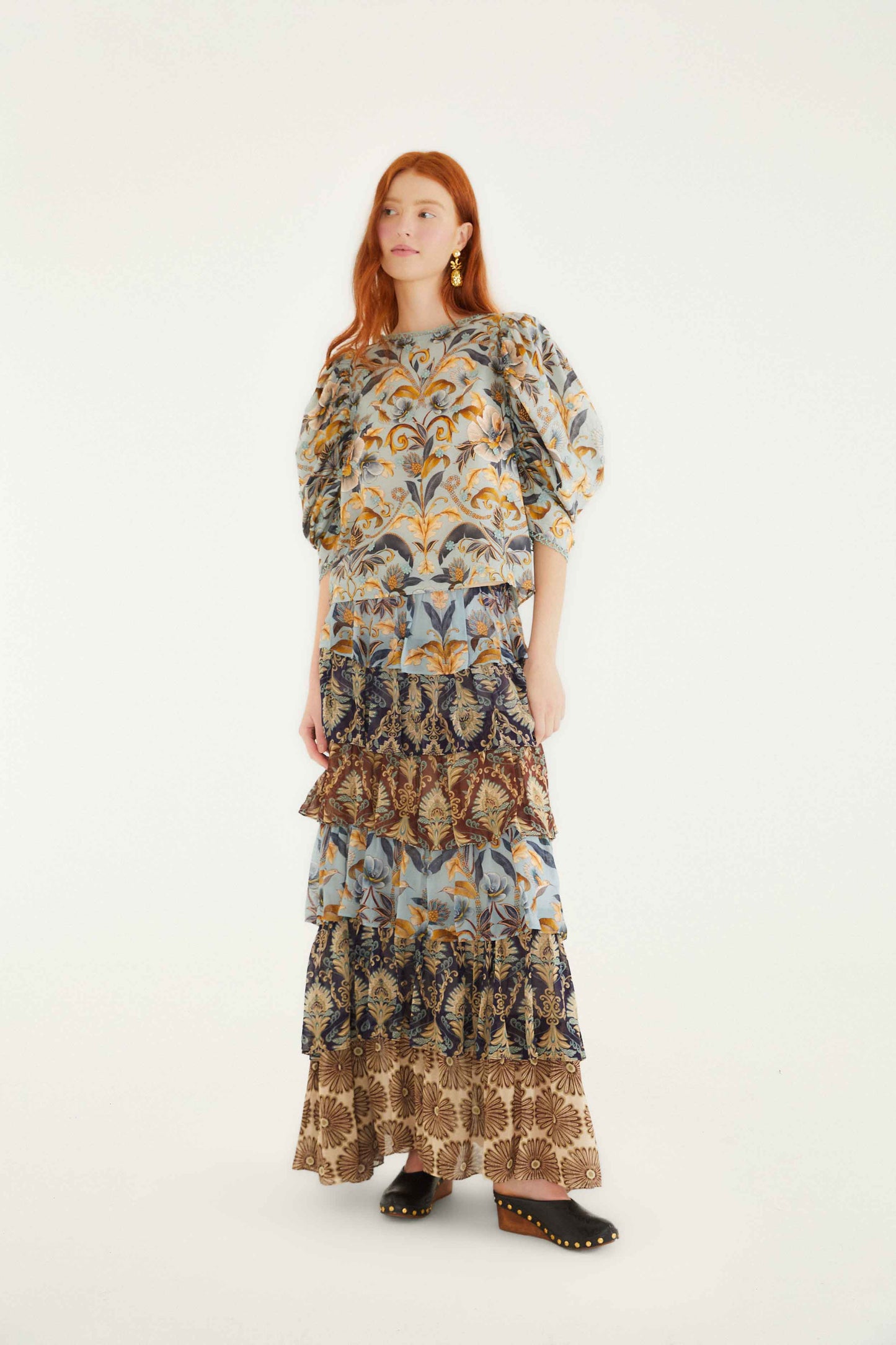 FARM Rio model wearing the Blue Snake Garden 3d Applique Blouse