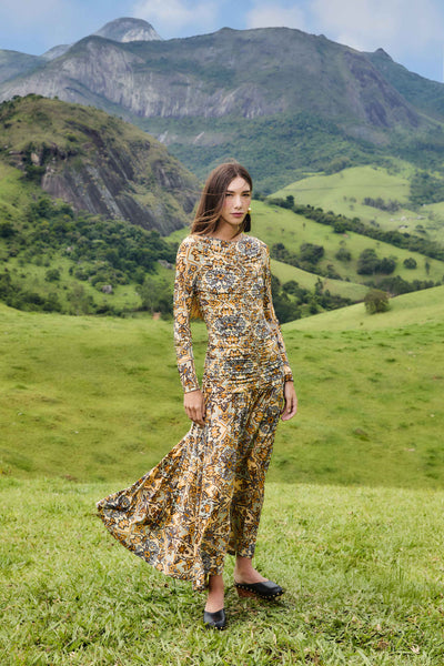 chinese dress ladies Blue Winter Tapestry Long Sleeve Maxi Dress