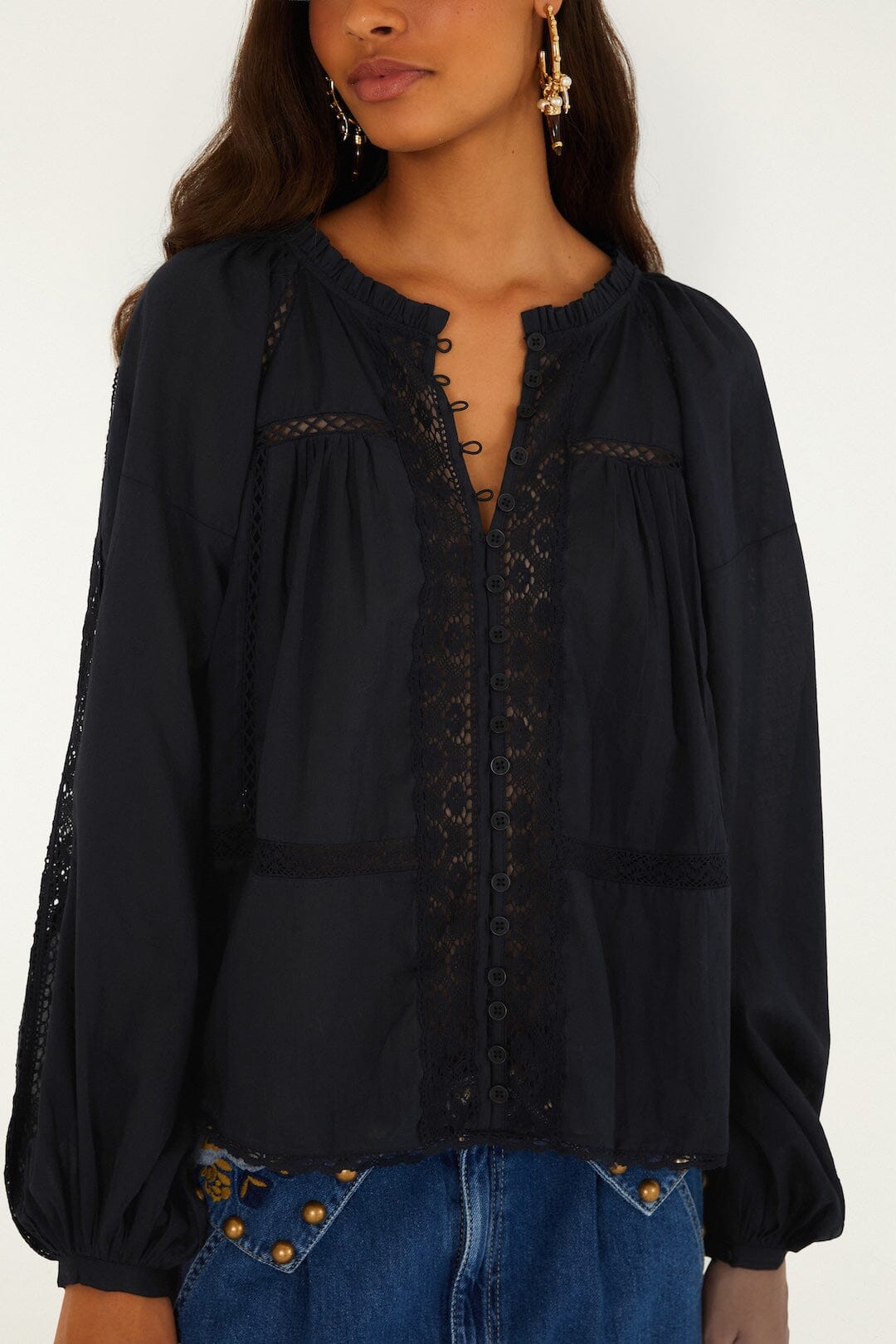 FARM Rio model wearing the Boho Lace Long Sleeve Blouse