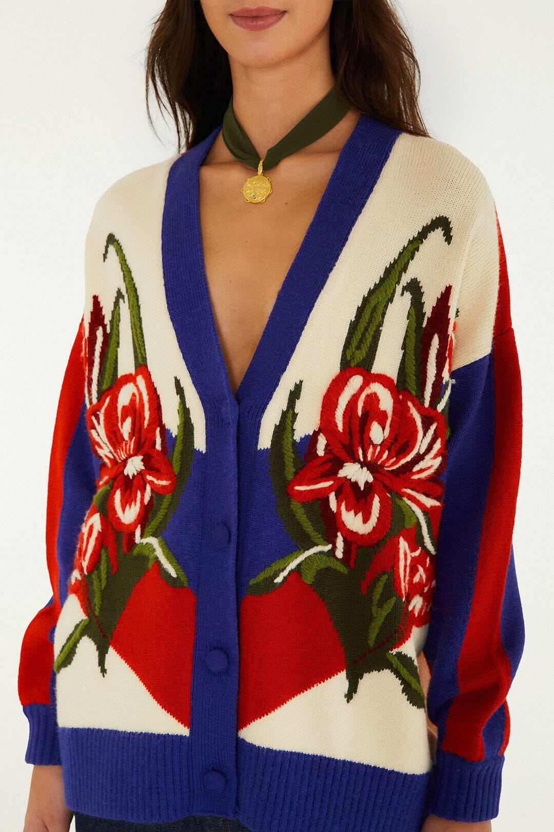 Bold Stripe Flowers Buttoned Knit Cardigan