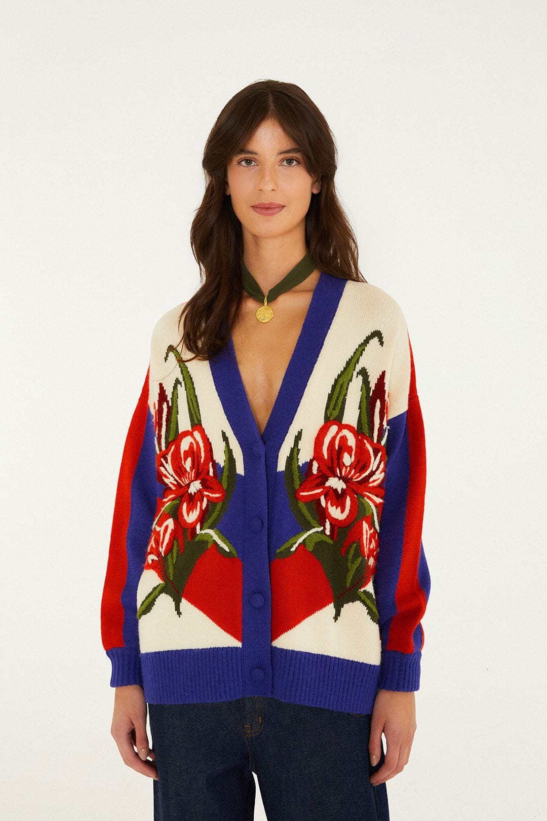 Bold Stripe Flowers Buttoned Knit Cardigan