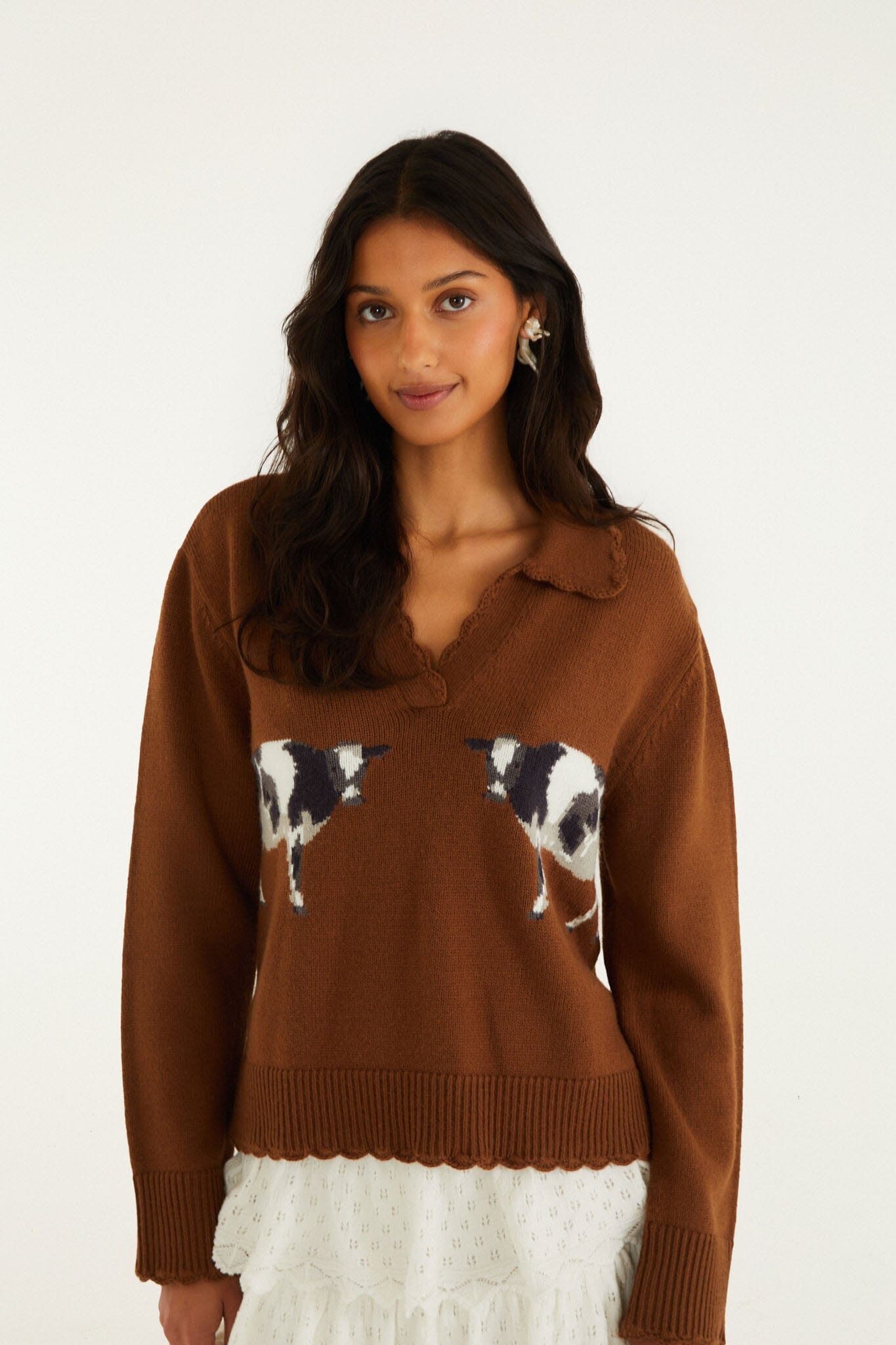 FARM Rio model wearing the Brown Countryside Cow Collared Knit Sweater