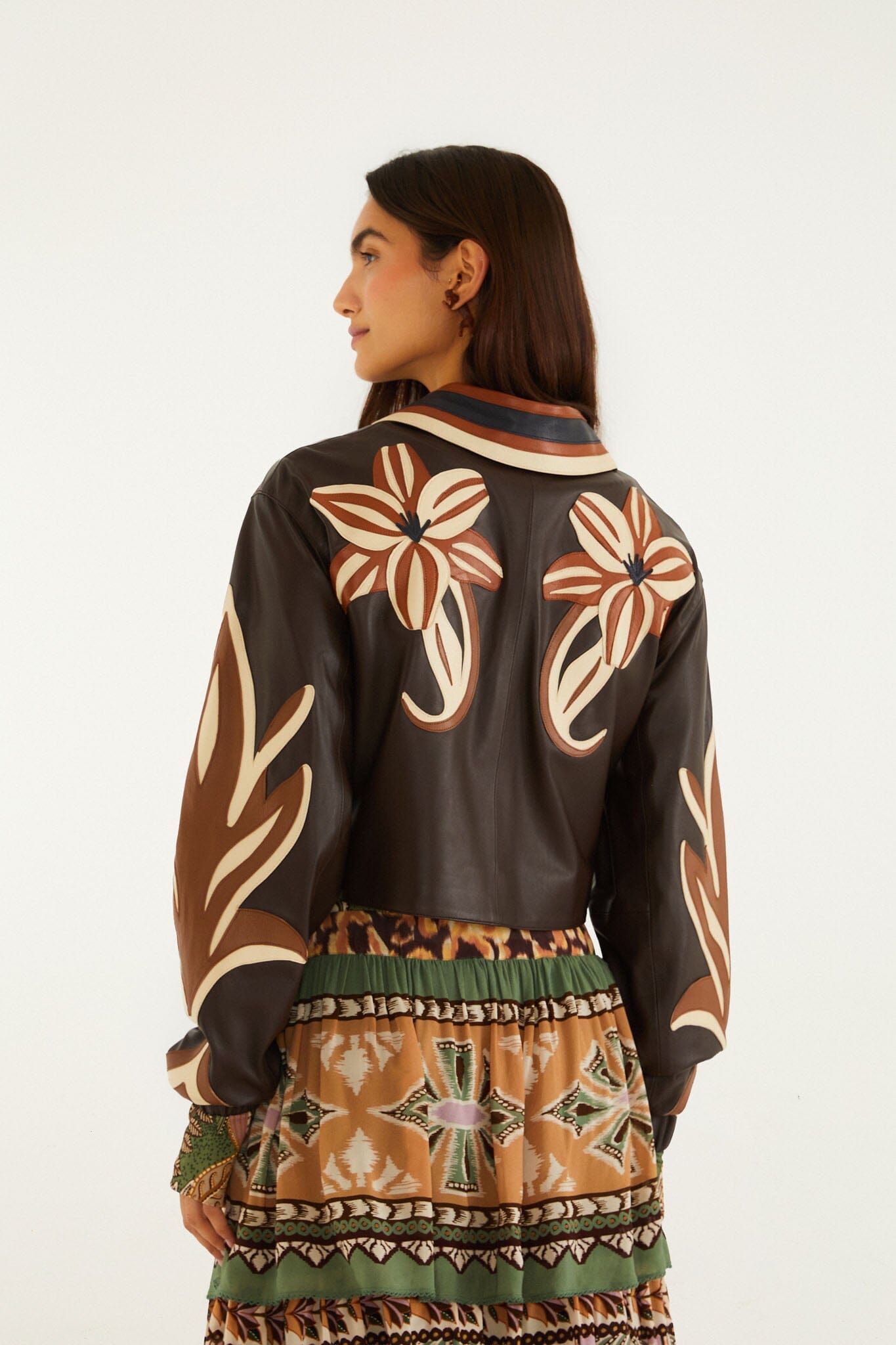 FARM Rio model wearing the Brown Flower Cutwork Collared Leather Jacket