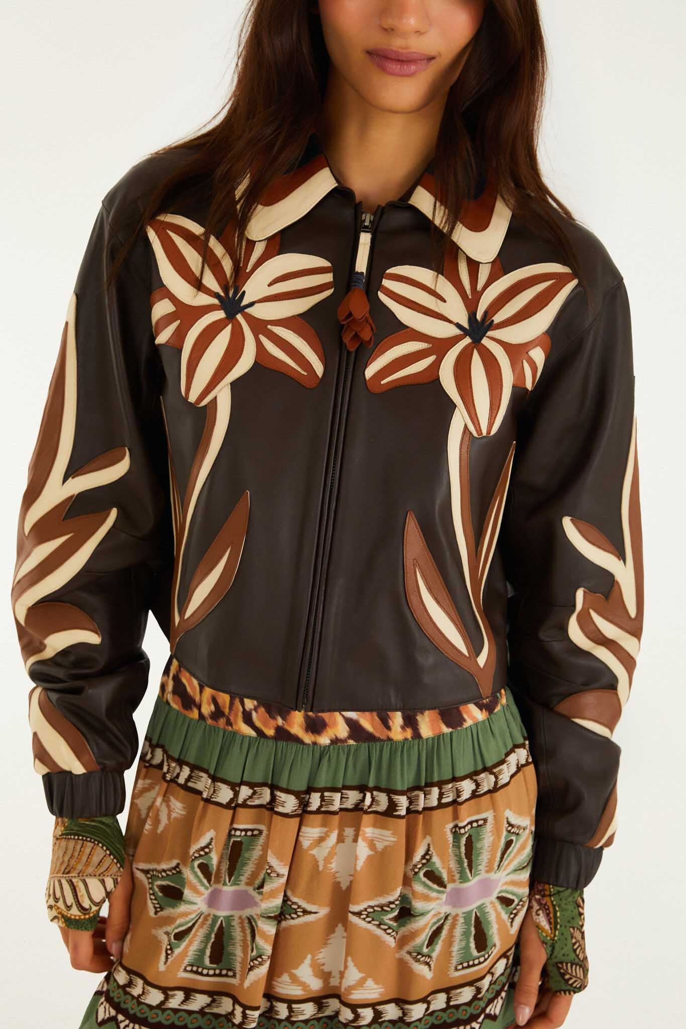 FARM Rio model wearing the Brown Flower Cutwork Collared Leather Jacket