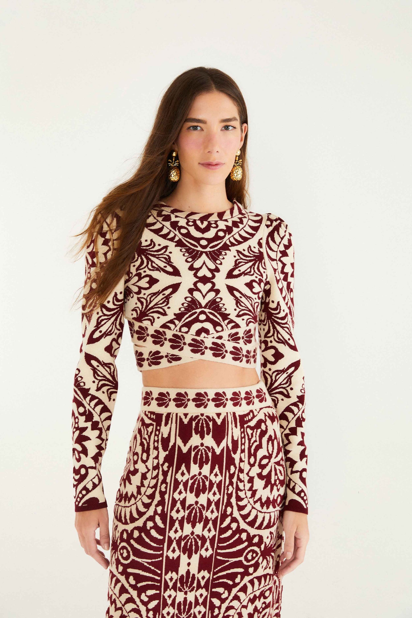 FARM Rio model wearing the Burgundy Pineapple Love Knit Top