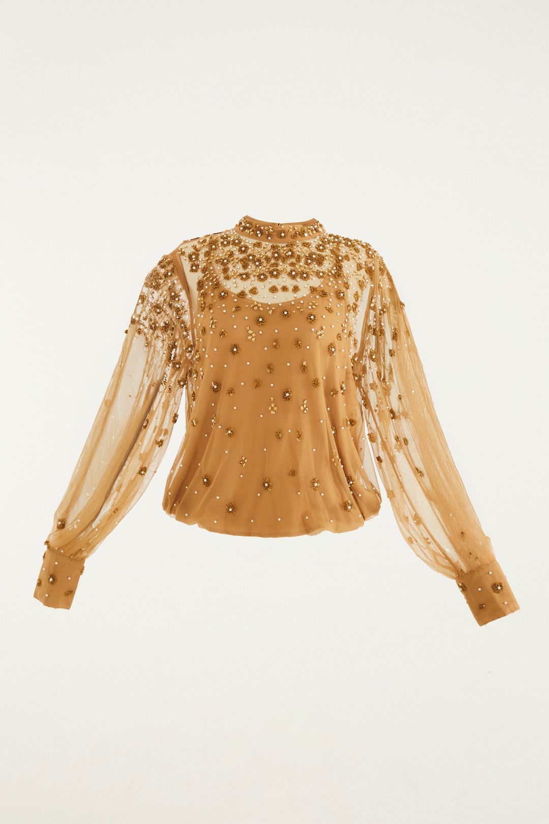 Caramel Embroidered Tulle Lined Blouse