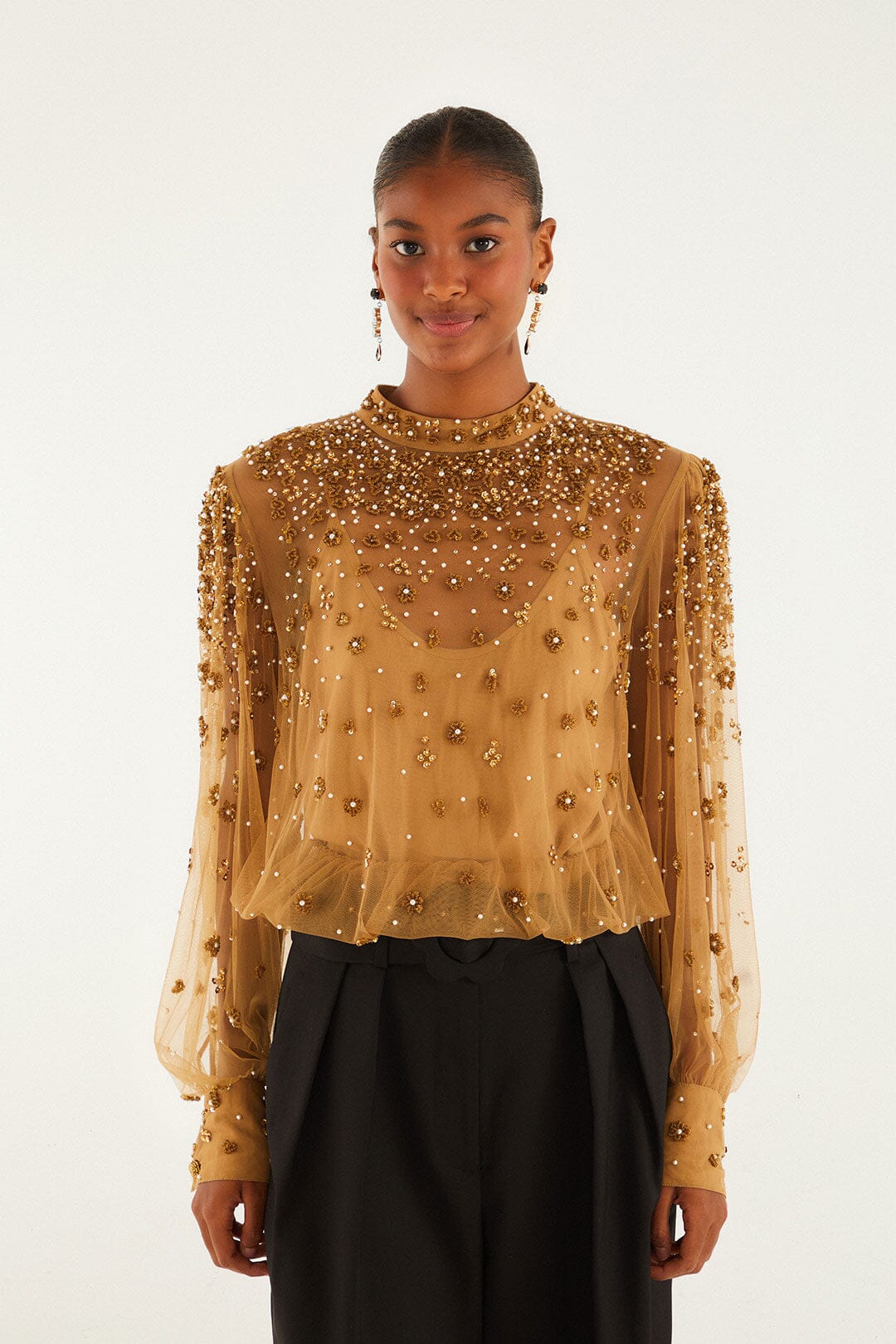 FARM Rio model wearing the Caramel Embroidered Tulle Lined Blouse