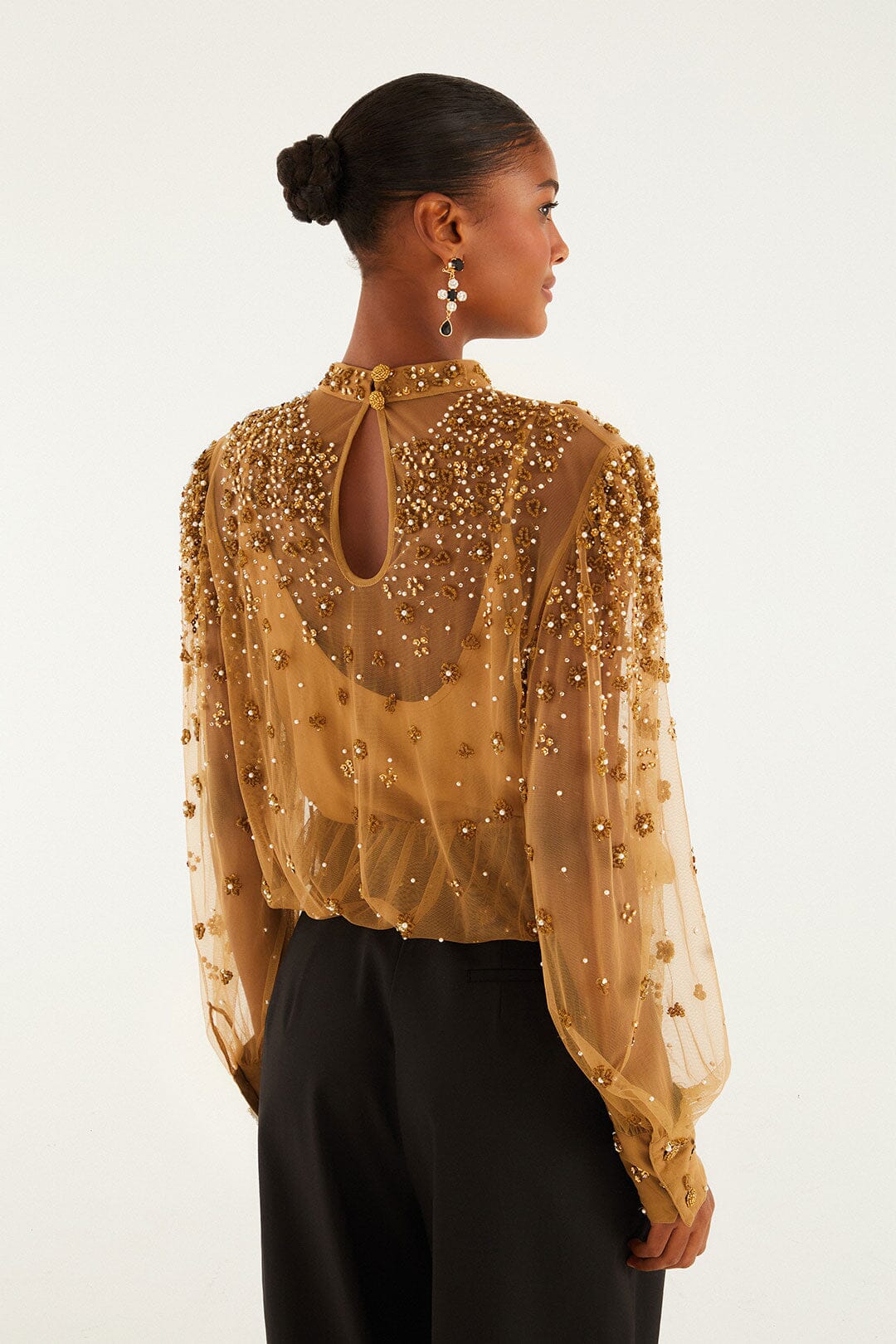 FARM Rio model wearing the Caramel Embroidered Tulle Lined Blouse