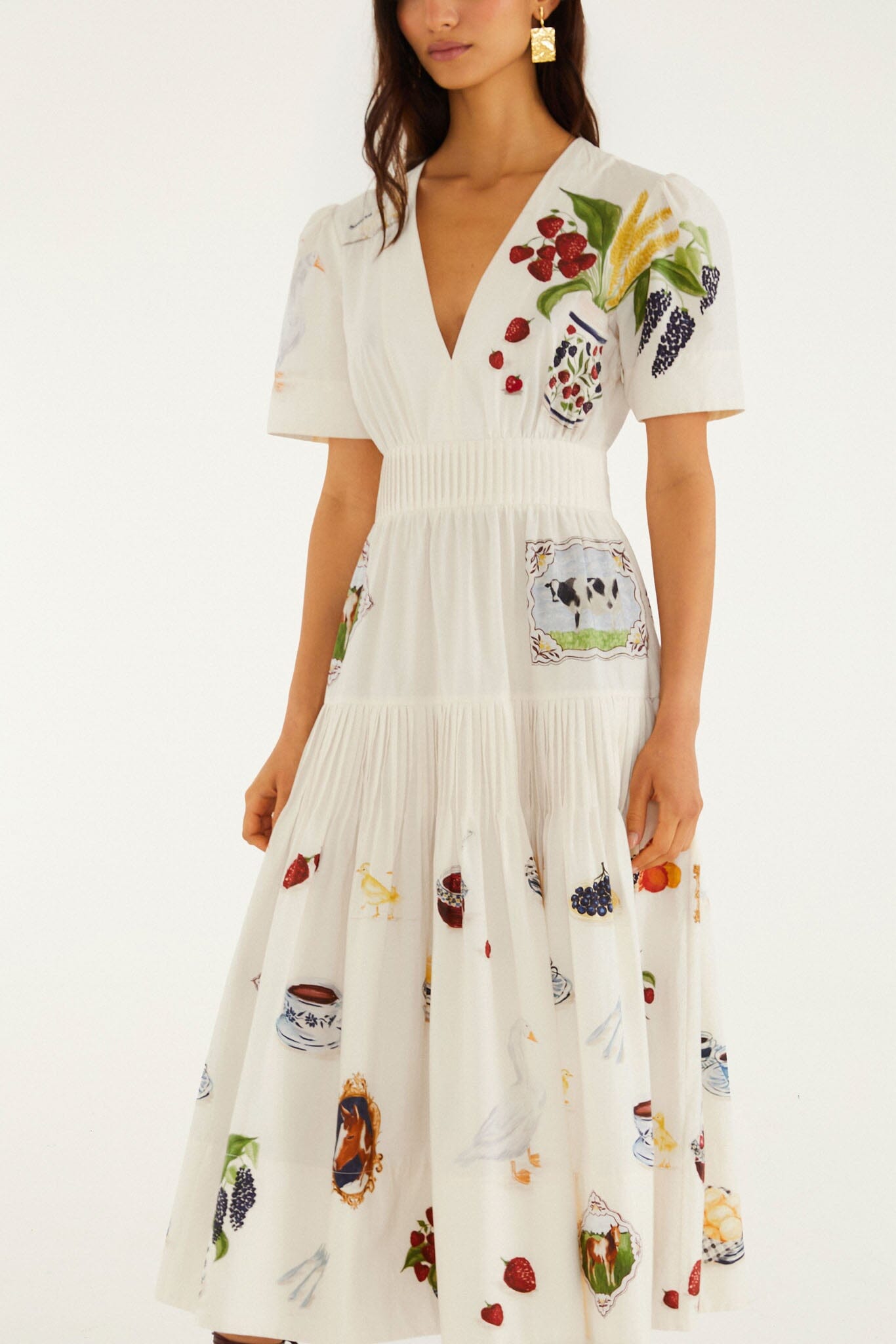 FARM Rio model wearing the Country Table Winter Short Sleeve Midi Dress