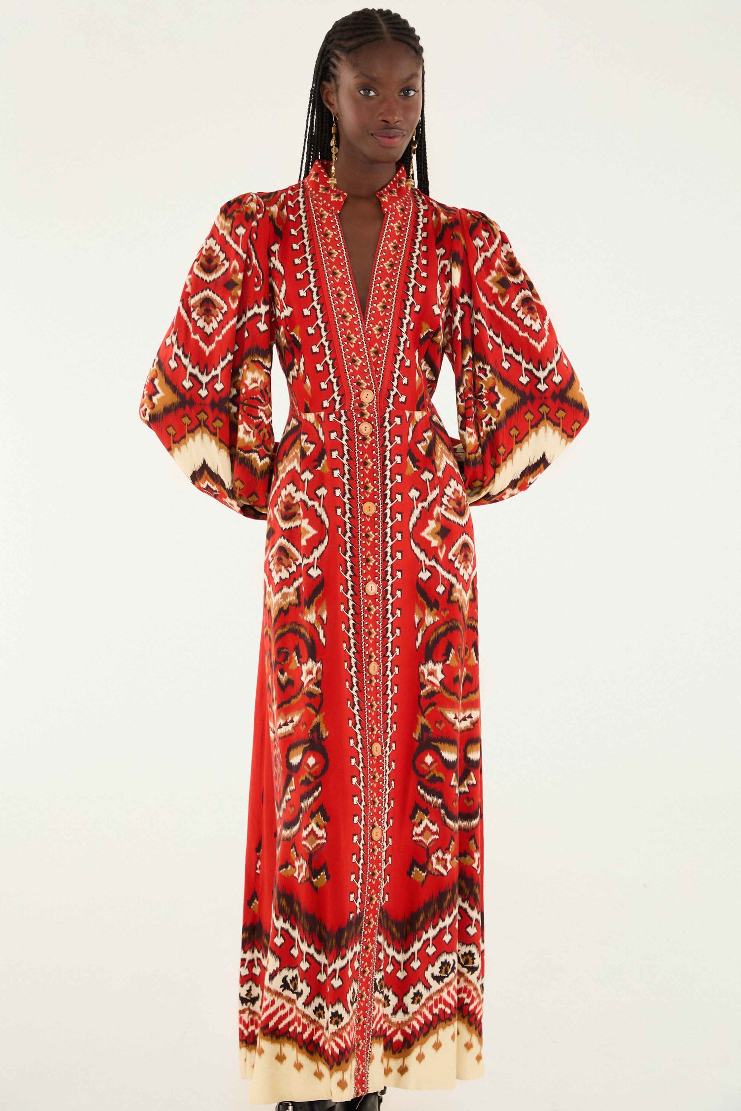 FARM Rio model wearing the Cream Ainika Pineapple Ikat Maxi Dress
