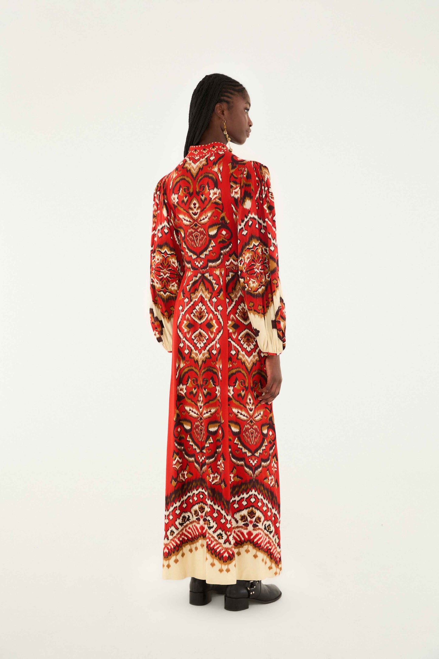 FARM Rio model wearing the Cream Ainika Pineapple Ikat Maxi Dress