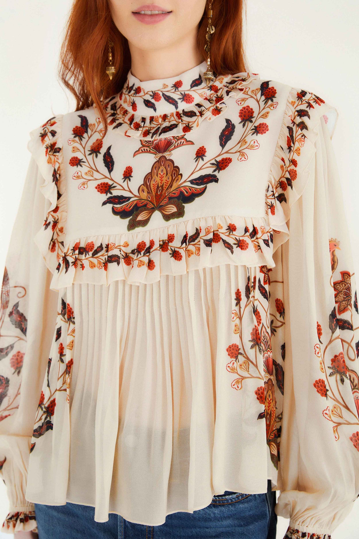 FARM Rio model wearing the Cream Berry Garden Long Sleeve Blouse
