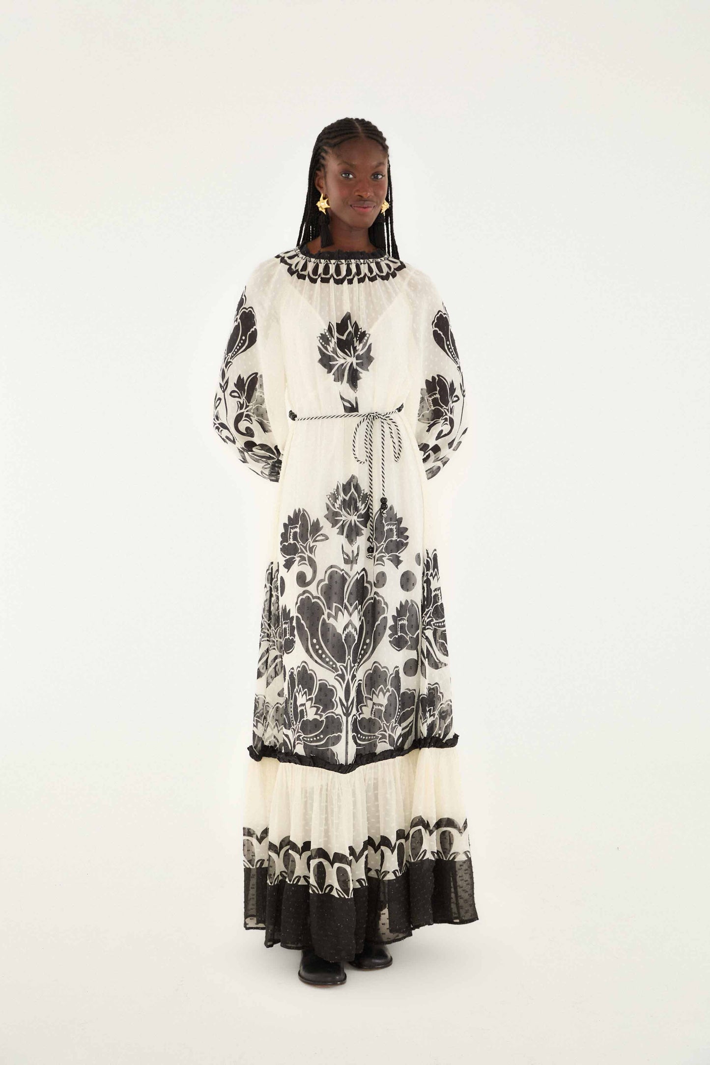 FARM Rio model wearing the Cream Floral Arabesque Rope Belt Maxi Dress
