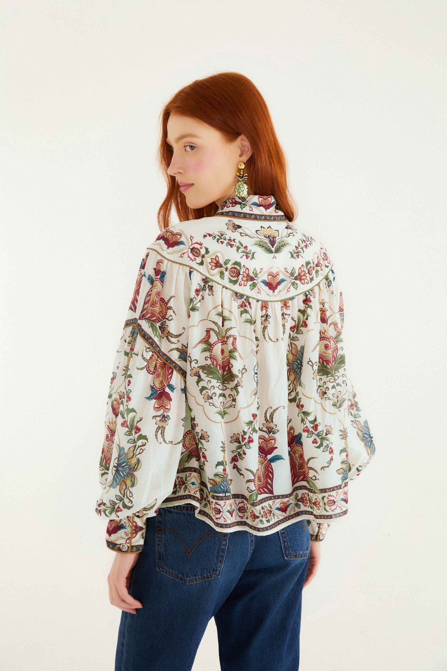 FARM Rio model wearing the Cream Majestic Hearts Blouse