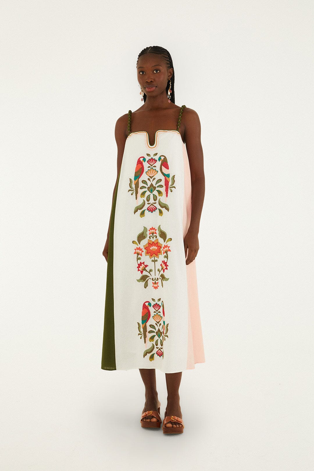 FARM Rio model wearing the Cross Stich Embroidery Maxi Dress Sleeveless