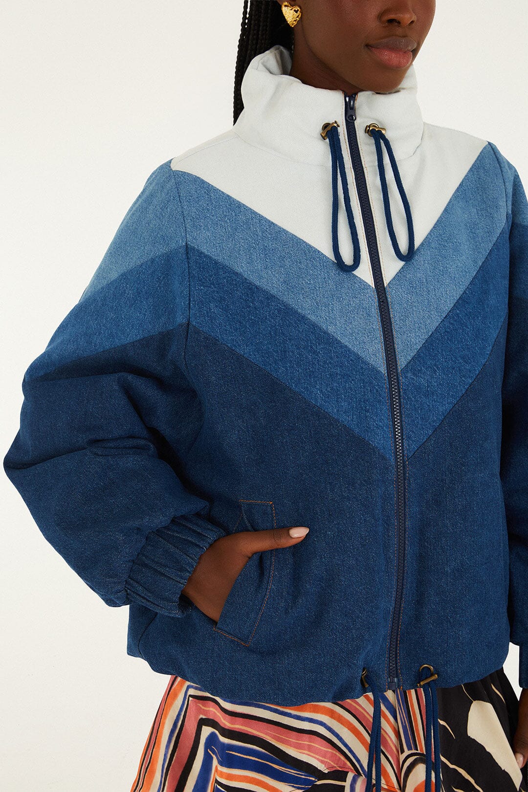 FARM Rio model wearing the Cut-Out Denim Jacket